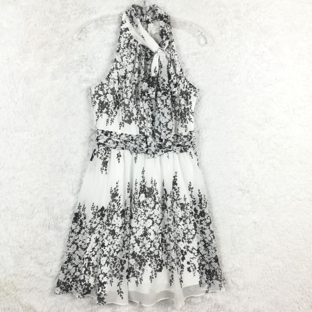 Jessica Simpson Womens Dress Halter Shift Above Knee White Black Floral Tie 2 - Picture 1 of 12